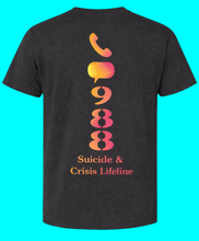Load image into Gallery viewer, Black t-shirt with colorful phone and text design on a blue background
