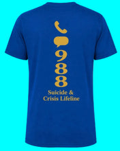 Load image into Gallery viewer, Blue t-shirt with yellow text and graphics on a white background
